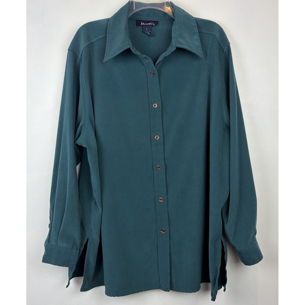 D&Co Denim & Co 1X Shirt Button Front Plus Tunic Long Top Green Career Office